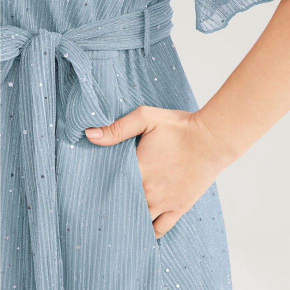 Sold*Sparkle Light Blue Mesh Pocket Ruffle Tiered Belted Midi Dress Size 22-24 - Picture 7 of 9